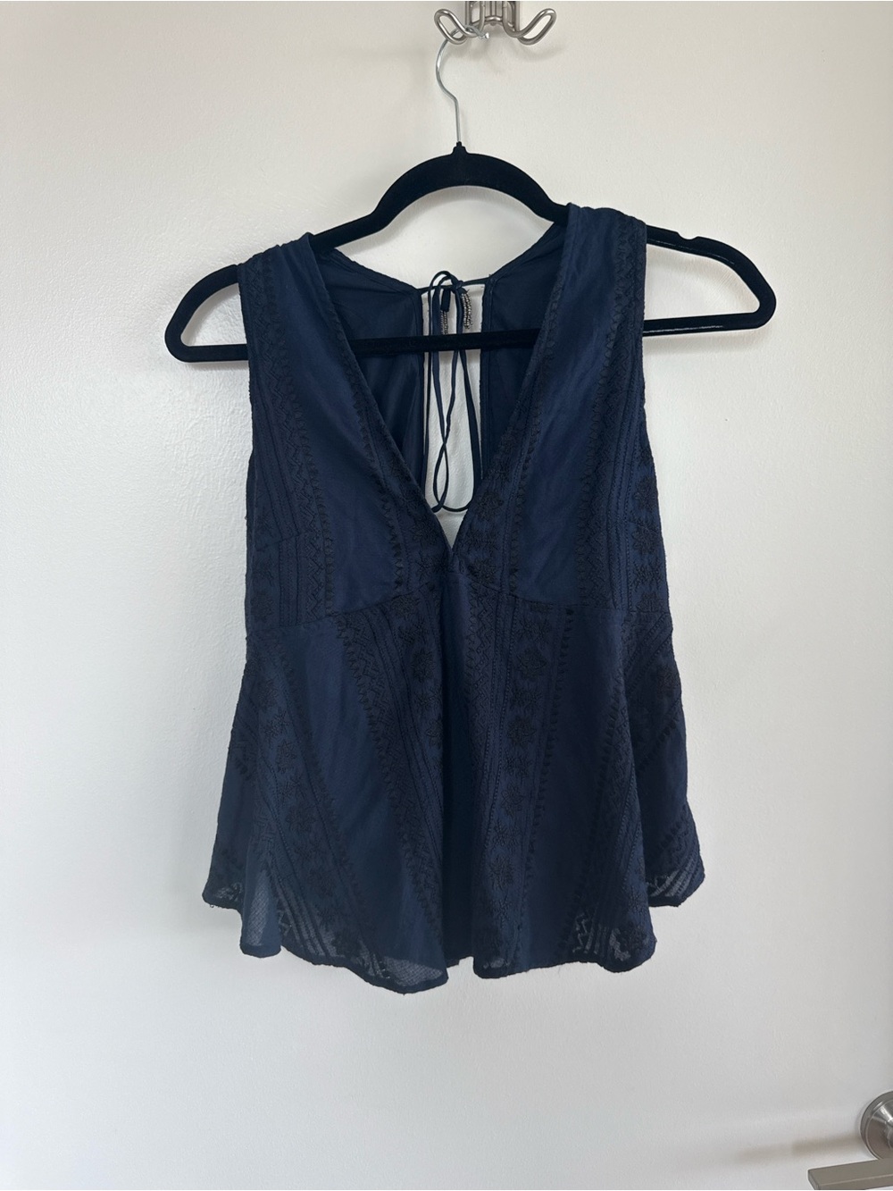 Free People Sleeveless Navy Lace-Trim Peplum Top